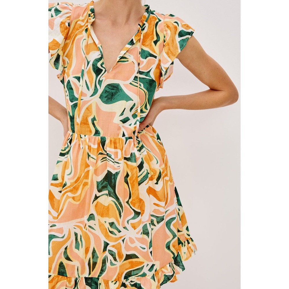 NWT Rails Zinnia Dress Size XS Green Yellow Peach Abstract Floral Ruffle Mini‎